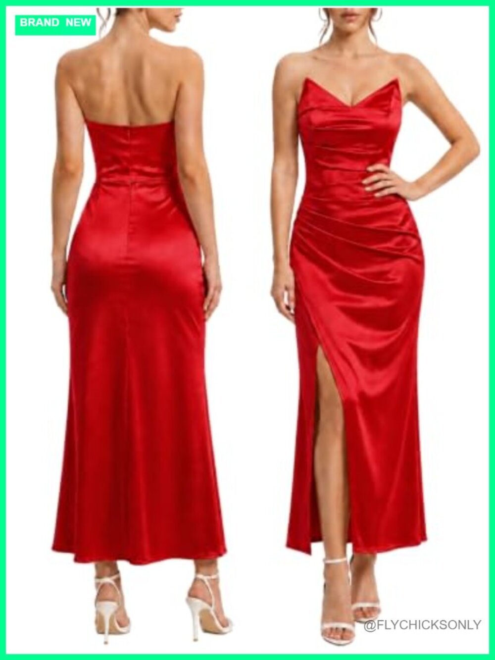 Satin Strapless Cowl V Neck Slit Maxi Evening Gown
